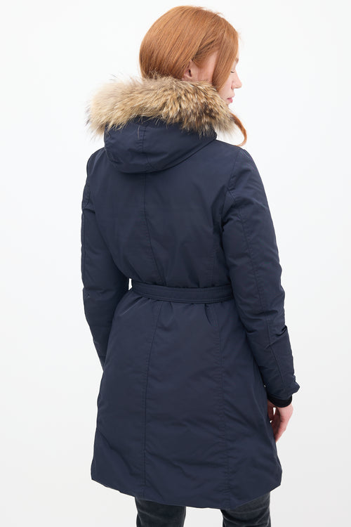 Moncler Navy Down 
Fur Trim Belted Coat