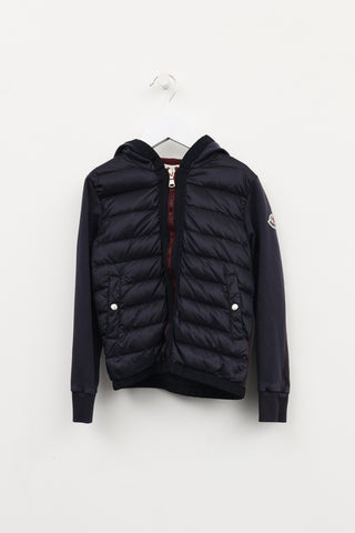 Moncler Kids Navy 
Burgundy Puffer Zip Hoodie