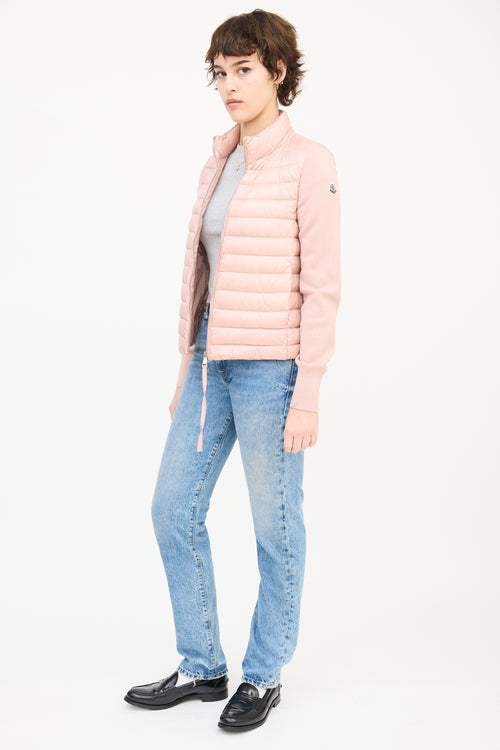 Moncler Pink Wool Sleeve 
Nylon Shell Puffer Jacket