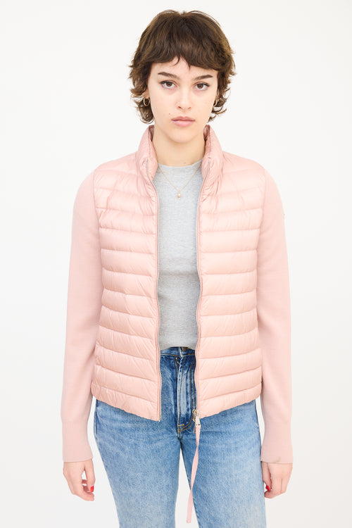 Moncler Pink Wool Sleeve 
Nylon Shell Puffer Jacket