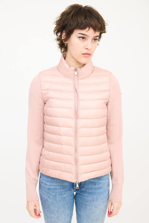 Moncler Pink Wool Sleeve 
Nylon Shell Puffer Jacket