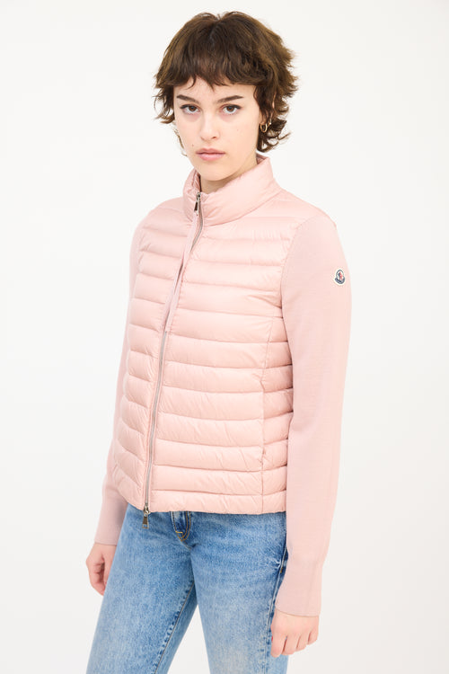 Moncler Pink Wool Sleeve 
Nylon Shell Puffer Jacket