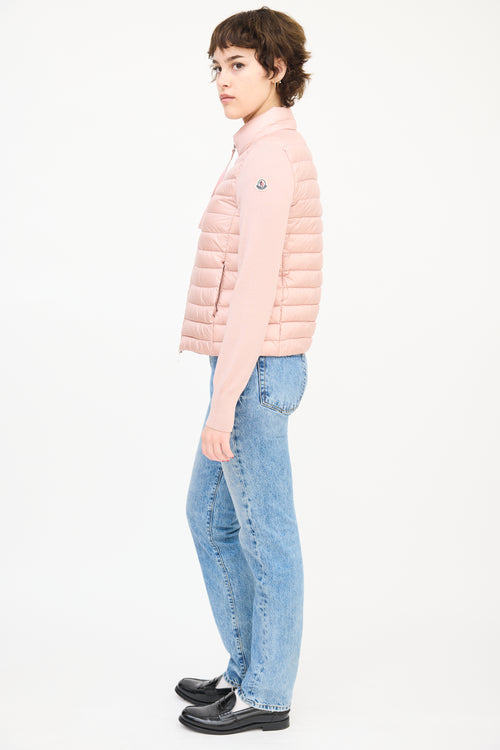 Moncler Pink Wool Sleeve 
Nylon Shell Puffer Jacket