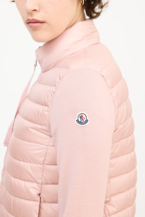 Moncler Pink Wool Sleeve 
Nylon Shell Puffer Jacket