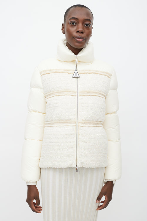 Moncler White Aucun Woven Down Puffer Jacket