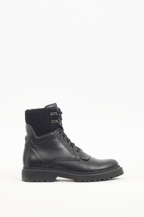 Moncler Black Leather 
Tweed Combat Boot