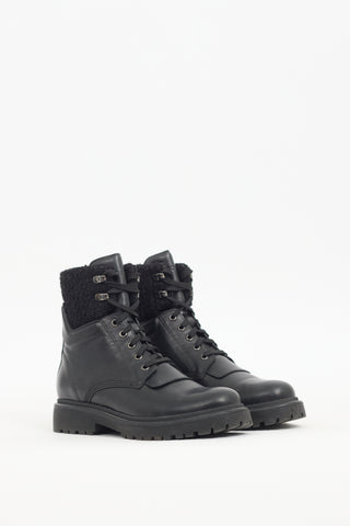 Moncler Black Leather 
Tweed Combat Boot