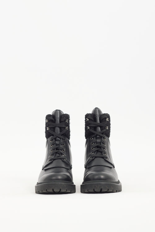 Moncler Black Leather 
Tweed Combat Boot