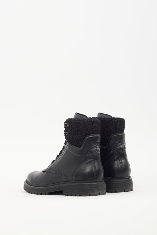 Moncler Black Leather 
Tweed Combat Boot