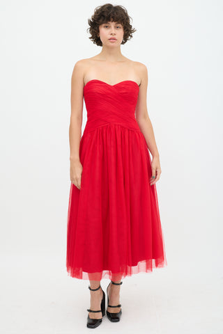 Monique Lhuillier Red Tulle Pleated Dress