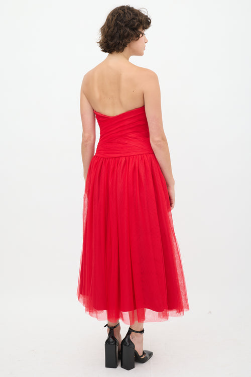 Monique Lhuillier Red Tulle Pleated Dress