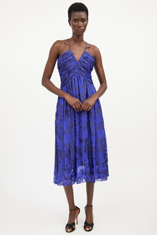 ML Monique Lhuillier Blue Silk Ruched Floral Dress