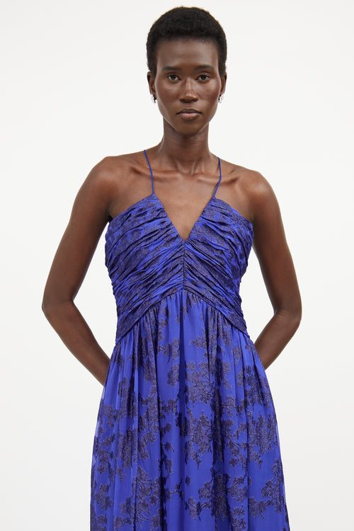 ML Monique Lhuillier Blue Silk Ruched Floral Dress