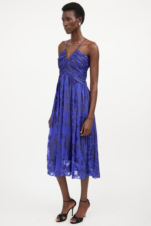 ML Monique Lhuillier Blue Silk Ruched Floral Dress