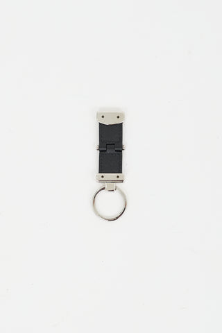 Montblanc Black 
Silver Leather Key Fob Pivot Keychain