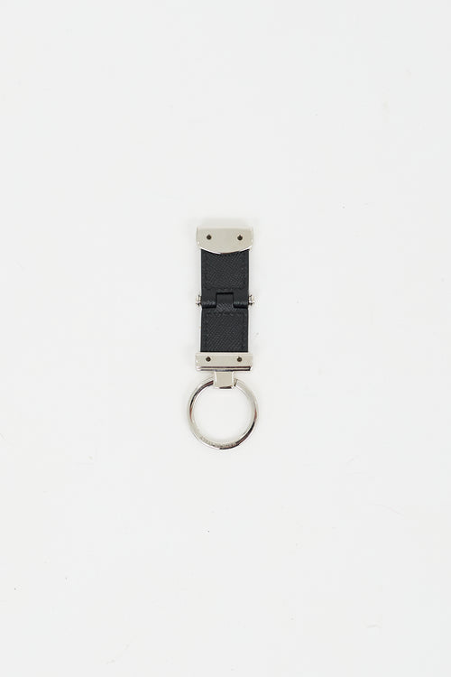 Montblanc Black 
Silver Leather Key Fob Pivot Keychain