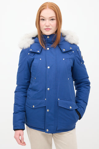 Moose Knuckles Blue Down 
Fur Trim Parka Jacket