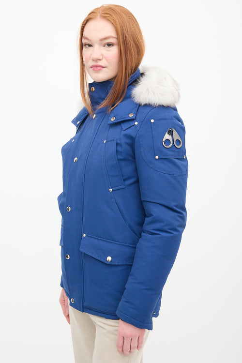 Moose Knuckles Blue Down 
Fur Trim Parka Jacket