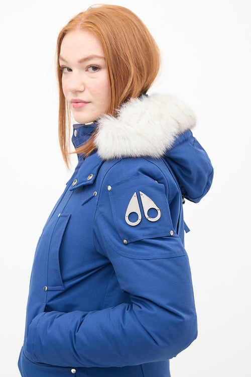 Moose Knuckles Blue Down 
Fur Trim Parka Jacket