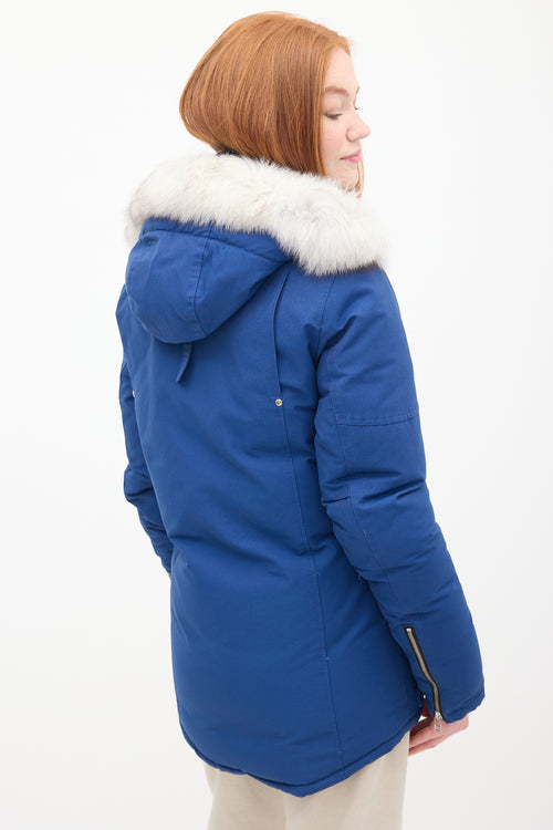 Moose Knuckles Blue Down 
Fur Trim Parka Jacket