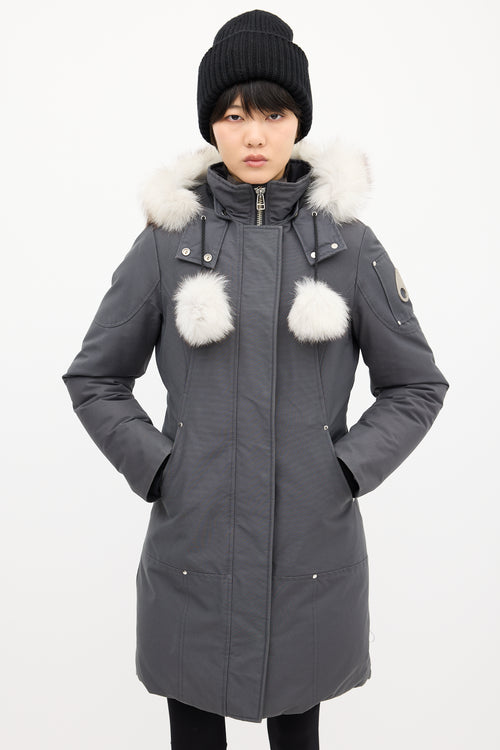 Moose Knuckles Grey Down Stirling Pom Pom Parka