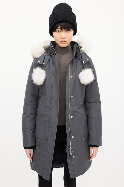 Moose Knuckles Grey Down Stirling Pom Pom Parka