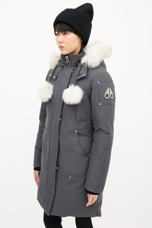 Moose Knuckles Grey Down Stirling Pom Pom Parka