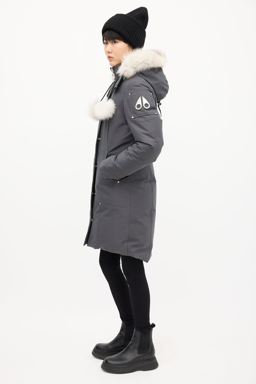 Moose Knuckles Grey Down Stirling Pom Pom Parka