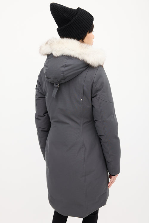 Moose Knuckles Grey Down Stirling Pom Pom Parka