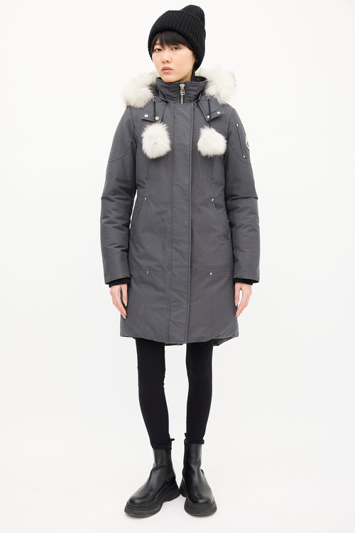 Moose Knuckles Grey Down Stirling Pom Pom Parka