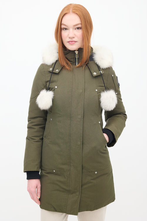 Moose Knuckles Khaki Green Down 
Fur Trim Stirling Parka