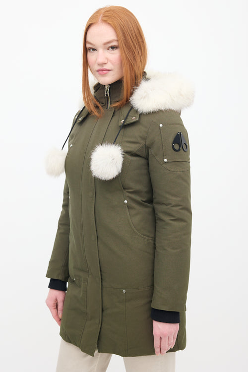 Moose Knuckles Khaki Green Down 
Fur Trim Stirling Parka