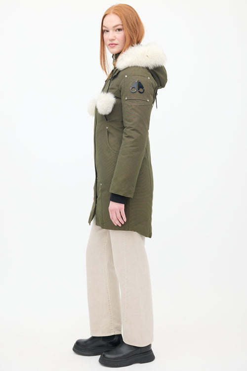 Moose Knuckles Khaki Green Down 
Fur Trim Stirling Parka