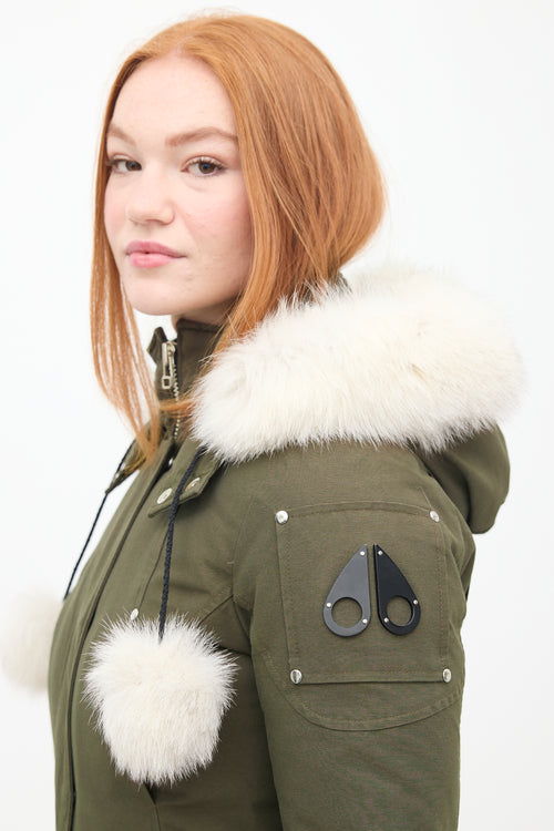 Moose Knuckles Khaki Green Down 
Fur Trim Stirling Parka