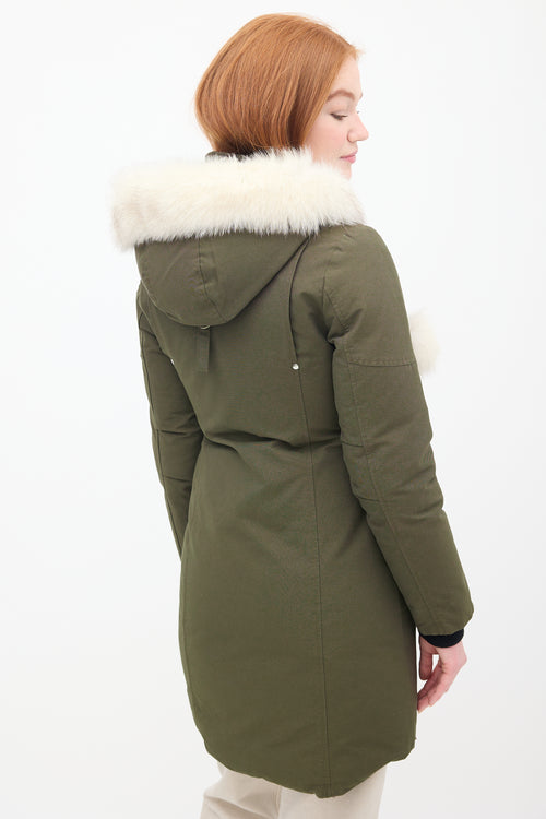 Moose Knuckles Khaki Green Down 
Fur Trim Stirling Parka