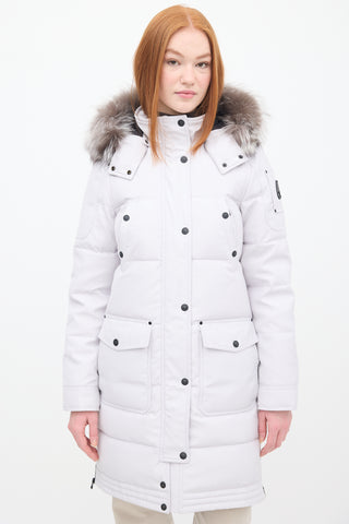 Moose Knuckles Light Grey Down 
Fur Trim Causapscal Parka