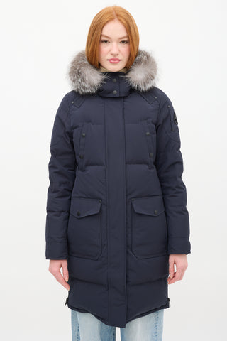 Moose Knuckles Navy Causapscal Down 
Fur Hood Parka Coat