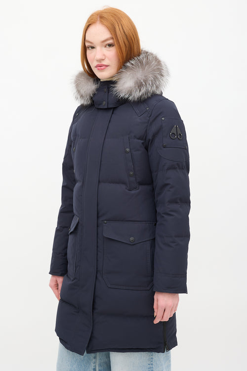 Moose Knuckles Navy Causapscal Down 
Fur Hood Parka Coat