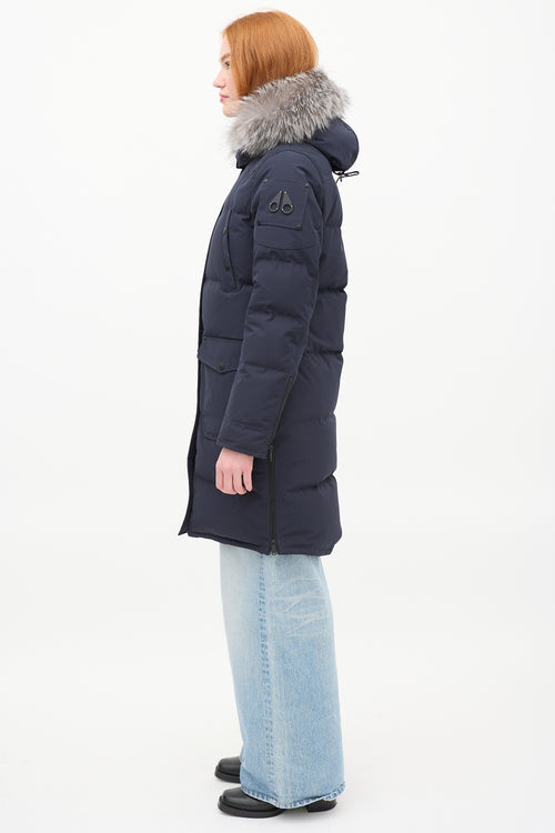 Moose Knuckles Navy Causapscal Down 
Fur Hood Parka Coat