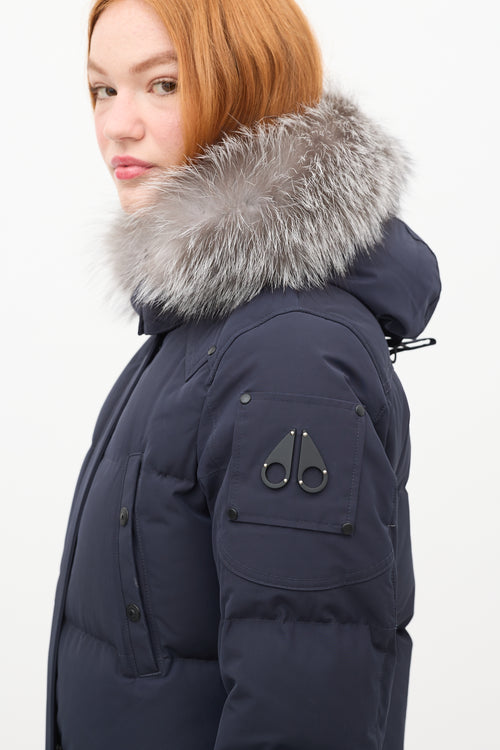 Moose Knuckles Navy Causapscal Down 
Fur Hood Parka Coat