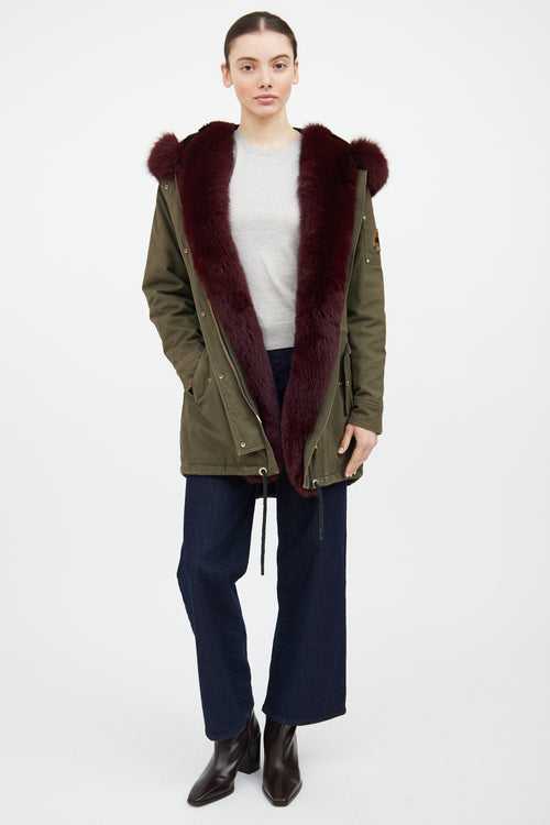 Moose Knuckles Green 
Red Fur Trim Parka