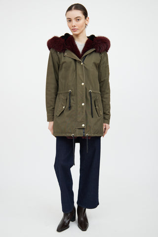 Moose Knuckles Green 
Red Fur Trim Parka