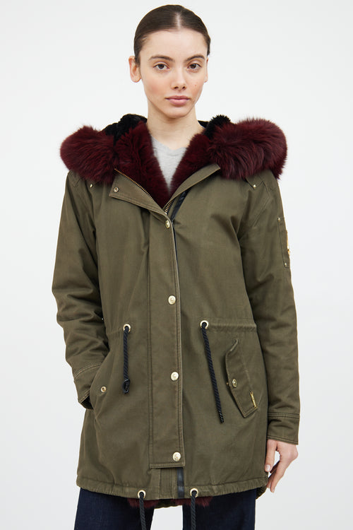 Moose Knuckles Green 
Red Fur Trim Parka