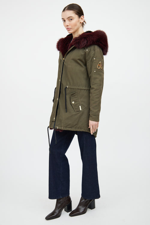 Moose Knuckles Green 
Red Fur Trim Parka