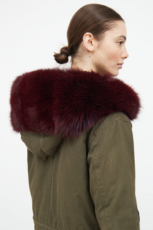 Moose Knuckles Green 
Red Fur Trim Parka