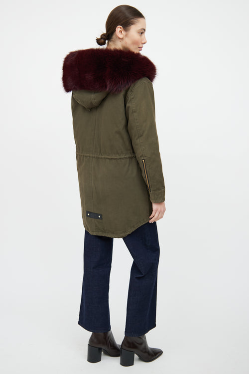 Moose Knuckles Green 
Red Fur Trim Parka