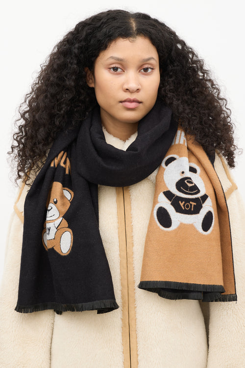 Moschino Love Black 
Brown Bear Logo Scarf