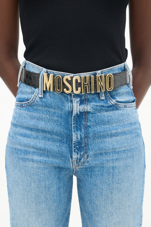 Moschino Black Embossed Leather 
Gold Logo Belt