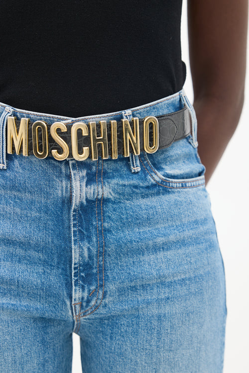 Moschino Black Embossed Leather 
Gold Logo Belt