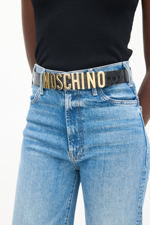 Moschino Black Embossed Leather 
Gold Logo Belt